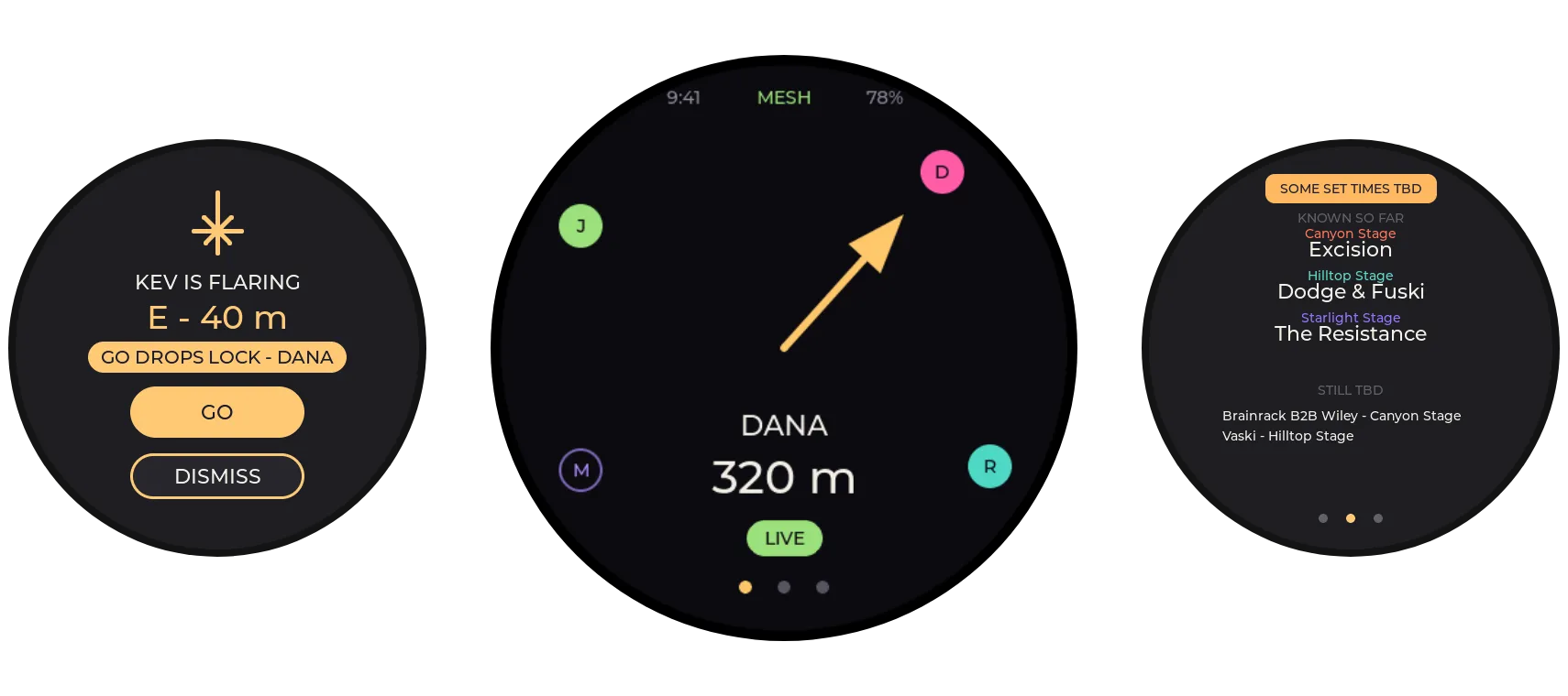 Three Firefly round-screen faces: a flare alert, the radar compass pointing at a friend, and a festival lineup
